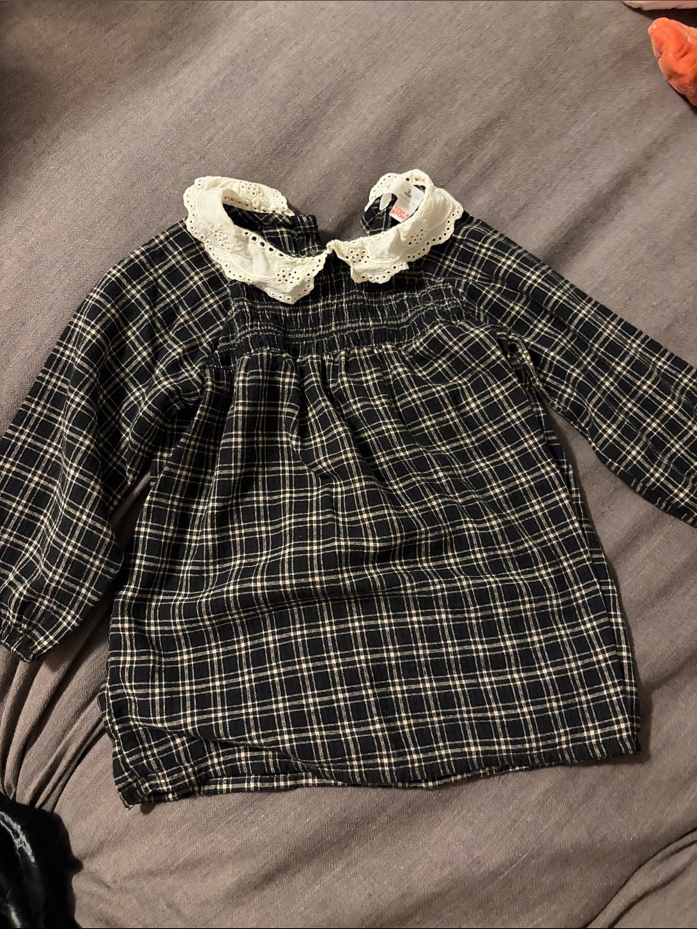 Zara Black Plaid Long-Sleeve Top with White Lace Collar